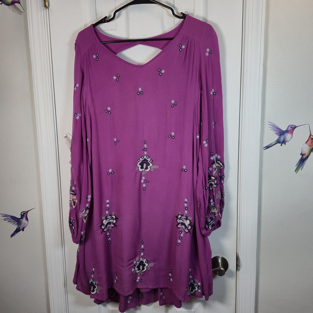 Free People Emma Mini Dress Magenta Boho Embroidered Tunic Cutout Back S